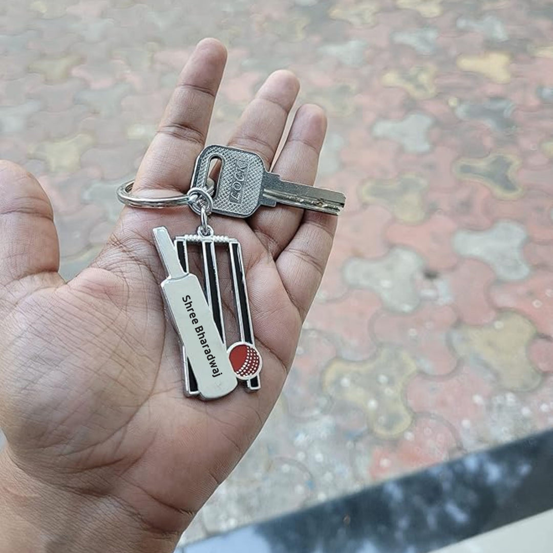 Cricket Bat, Ball, and Wickets Keychain with Team Logo | Zestpics