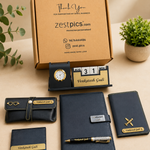 Premium Personalized Executive Gift Combo | Diary, Pen, Passport Cover, Eyewear Case, Card Holder & Clock Calendar Pen Stand