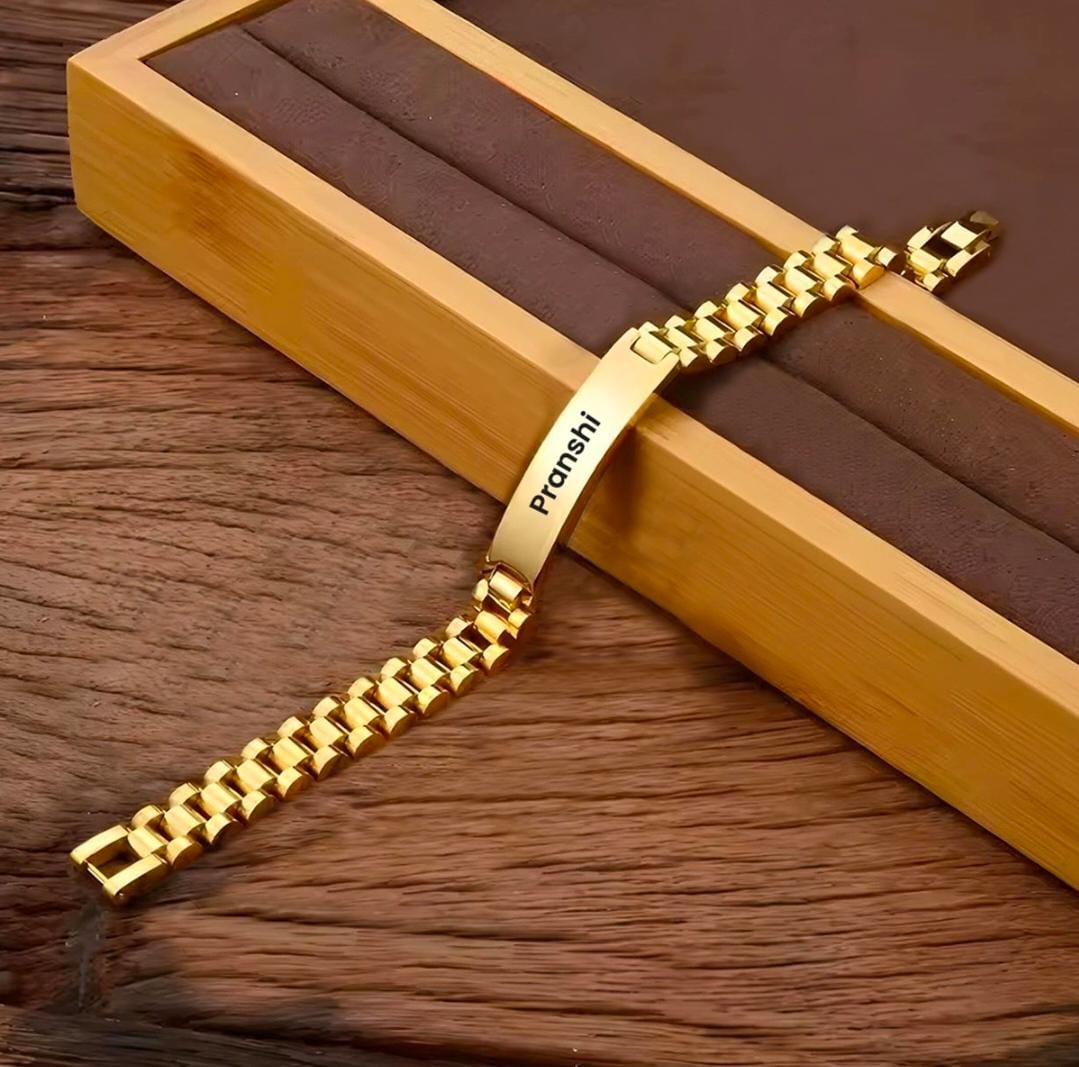 Gold personalized bracelet with name engraving for him or her - Zestpics