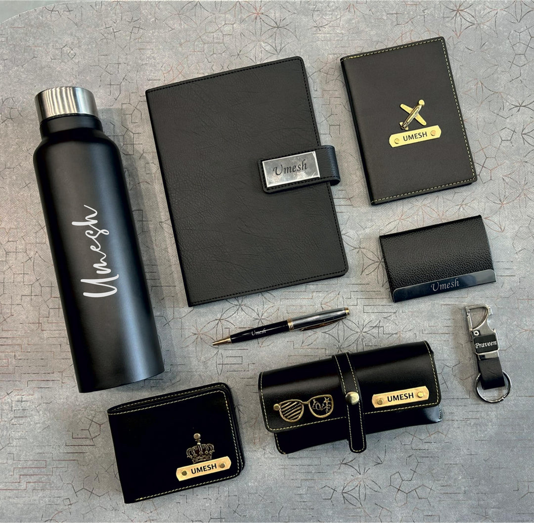 Personalized Men's Executive Gift Set with Custom Wallet, Bottle, Pen, Diary, Eyewear Case, Passport Cover, Card Holder, Keychain | Zestpics