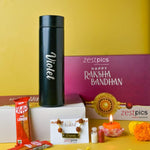 Personalised Rakhi Gift Combo – Name on Rudraksha Rakhi with Custom Smart Sipper Bottle | Raksha Bandhan Gift for Brother