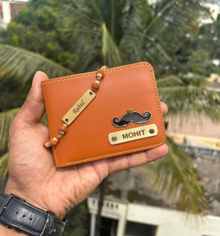 Custom name engraved men's wallet with Rudraksha rakhi combo gift – Zestpics