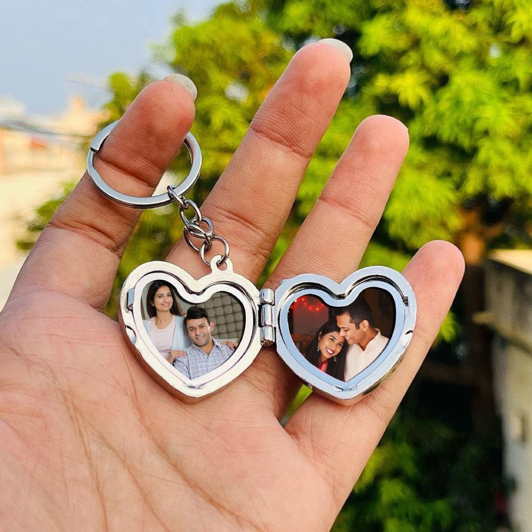 Personalized Heart-Shaped Silver Metal Keychain with Name & 2 Photos | Zestpics