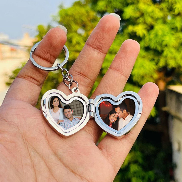 Personalized Heart-Shaped Silver Metal Keychain with Name & 2 Photos | Zestpics