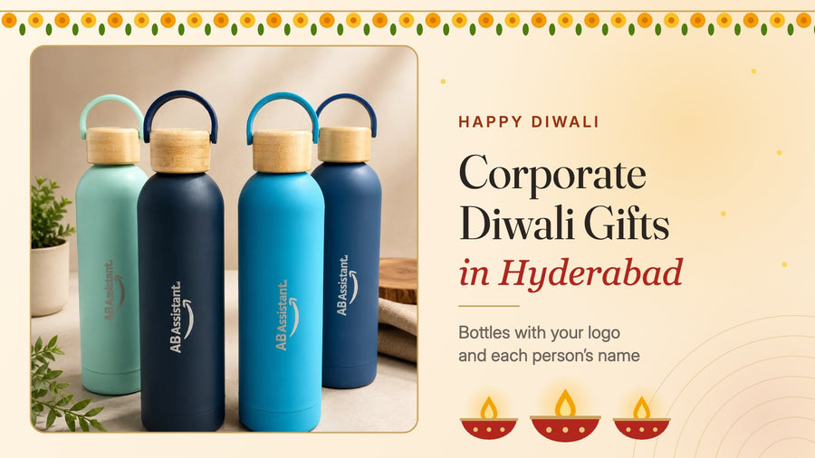 Corporate Diwali gifts in Hyderabad: steel bottles engraved with a company logo, with diyas and marigolds