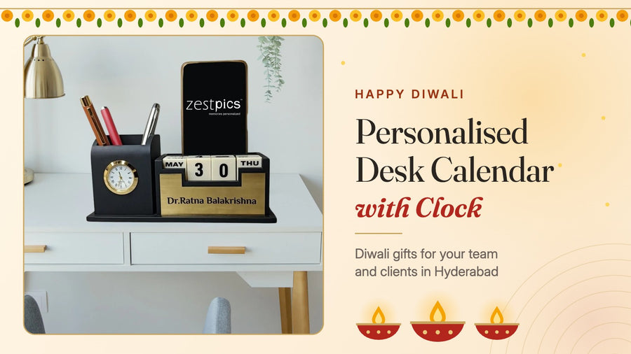 Personalised wooden desk calendar with clock, Diwali gift in Hyderabad, with diyas and marigolds