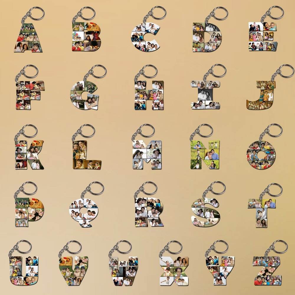 Buy or Send  Alphabet Keyring, personalized with any letter with images Online to India. Create a custom letter art keychain. Custom Alphabet Keychains, Personalized Alphabet Keyrings with personalized images.