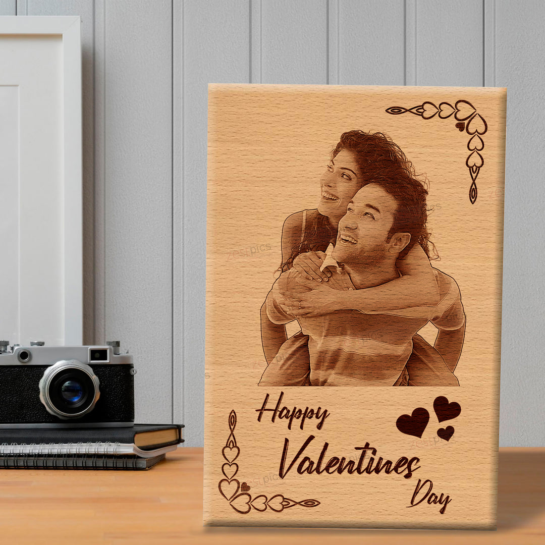 Valentine’s Day Gift Box Combo of Personalized Wood Frame and Teddy Box with Rose Flowers and Teddy