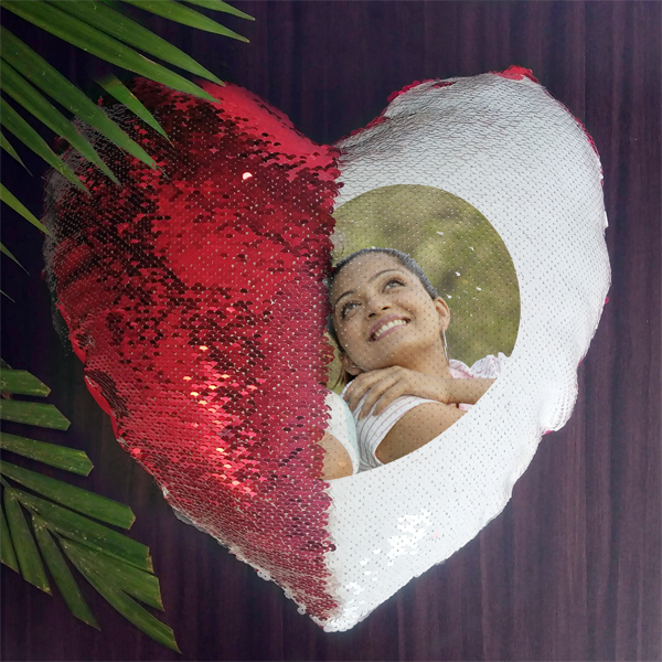 Personalized Heart Shaped Sequin Cushion Magic Reveal Photo | Zestpics