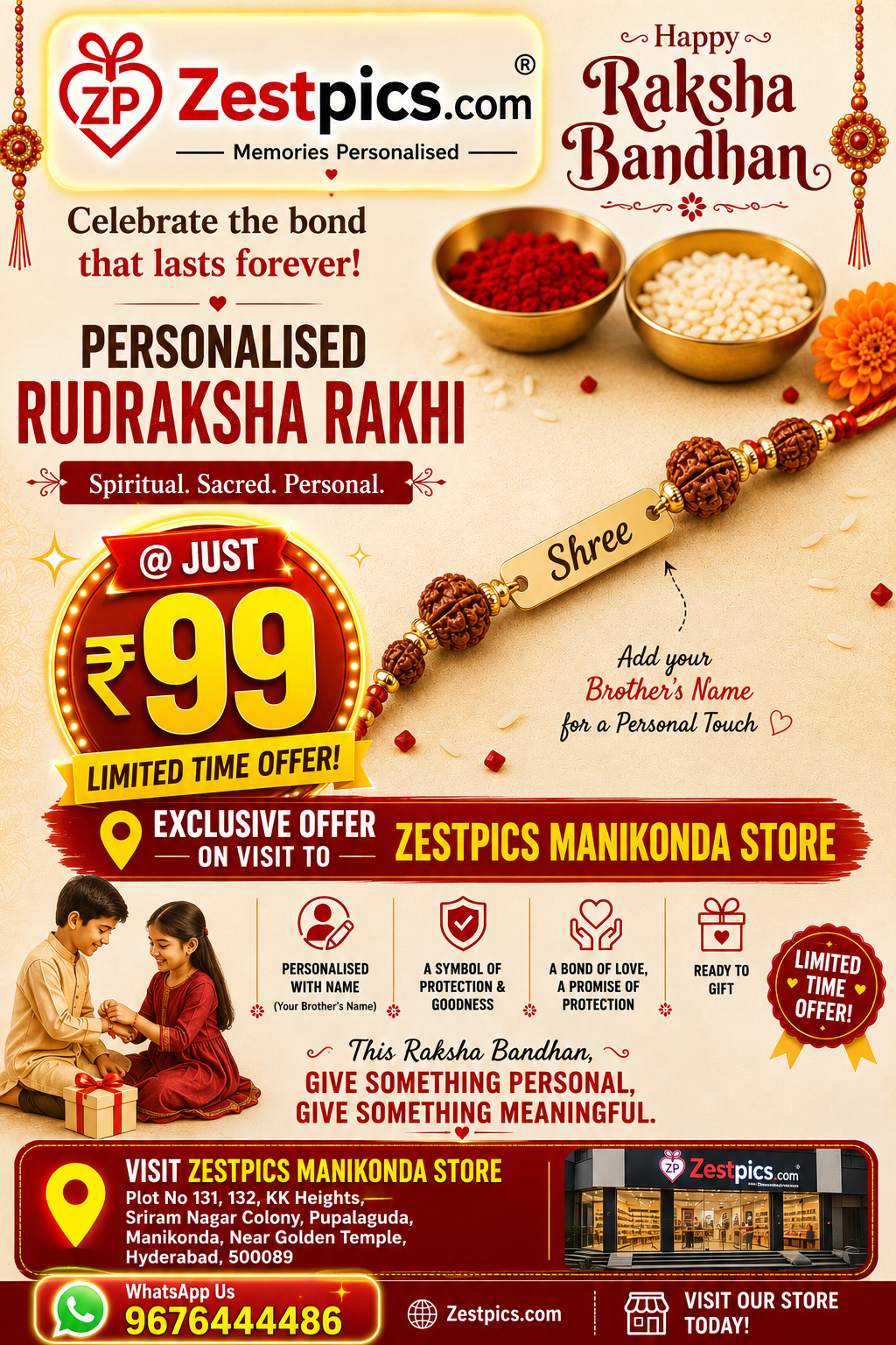 Personalised Rudraksha Rakhi at ₹99 – Zestpics Manikonda Store Raksha Bandhan Offer