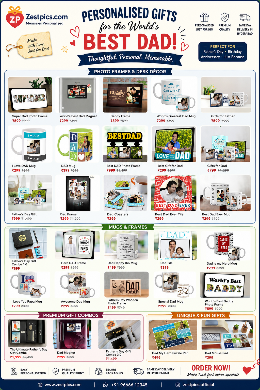 Personalized Father's Day gifts for dad including photo frames, mugs, plaques, lamps and custom keepsakes from Zestpics