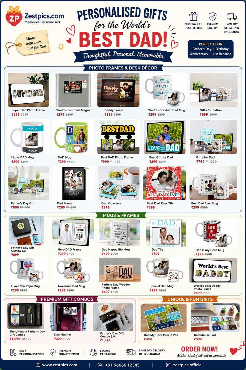 Personalized Father's Day gifts for dad including photo frames, mugs, plaques, lamps and custom keepsakes from Zestpics