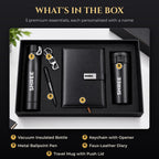 What's in the box: insulated bottle, keychain with opener, metal pen, faux leather diary and travel mug – corporate gift hamper