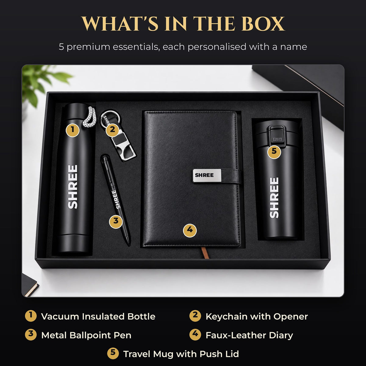 What's in the box: insulated bottle, keychain with opener, metal pen, faux leather diary and travel mug – corporate gift hamper