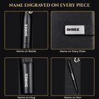 Close-up of name engraving on insulated bottle, diary metal name plate, travel mug and pen – personalised corporate gifts