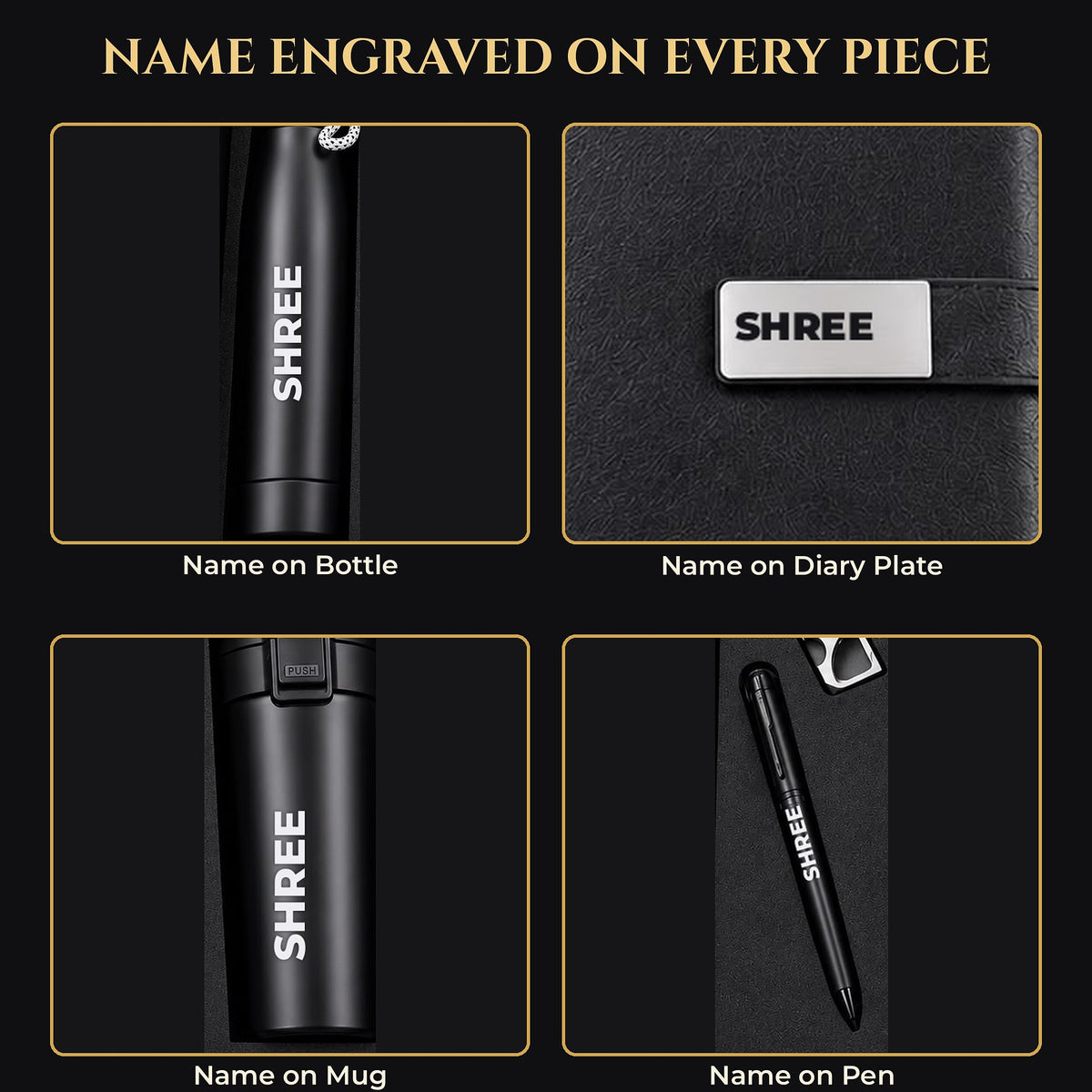 Close-up of name engraving on insulated bottle, diary metal name plate, travel mug and pen – personalised corporate gifts