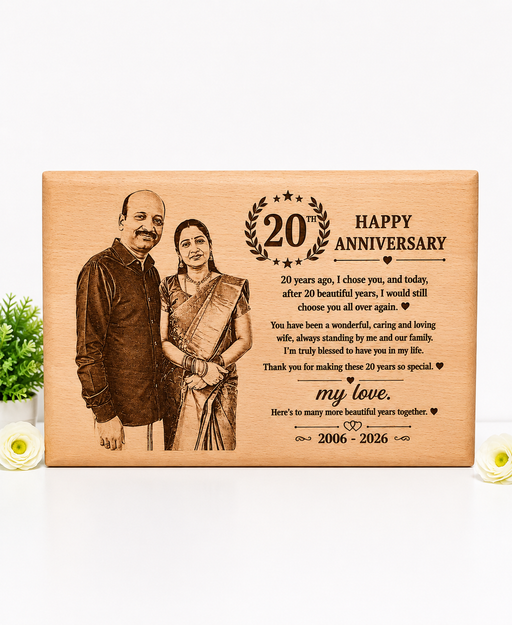 20th anniversary personalized wooden engraved plaque with couple photo | Zestpics