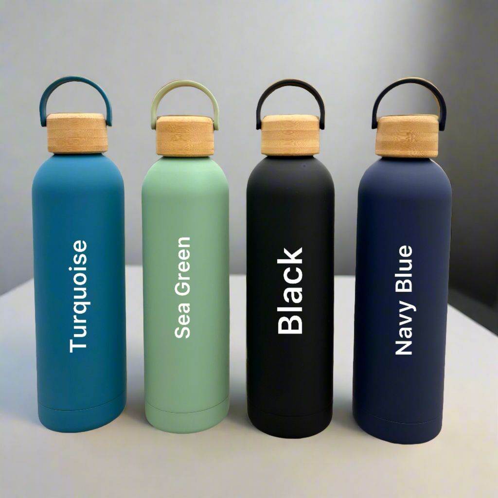 Personalized Fossil Flask: Stainless steel water bottle with wooden lid, keeps drinks hot or cold for hours. (Zestpics)