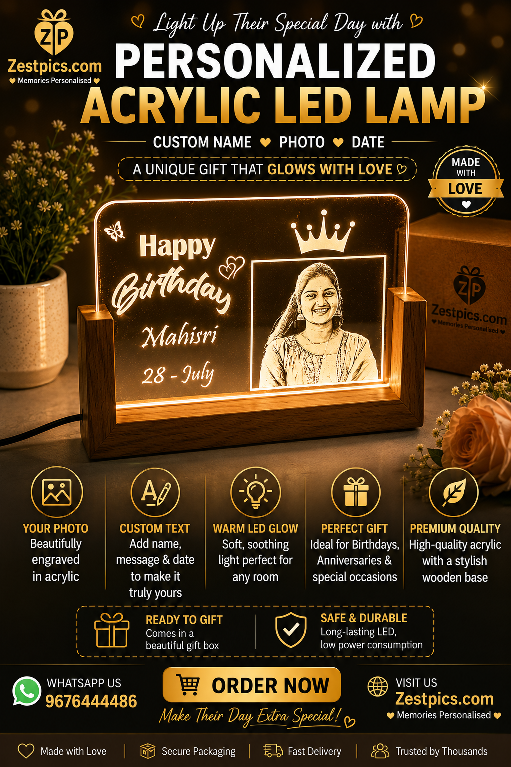 Personalized Acrylic LED Birthday Photo Lamp | Zestpics