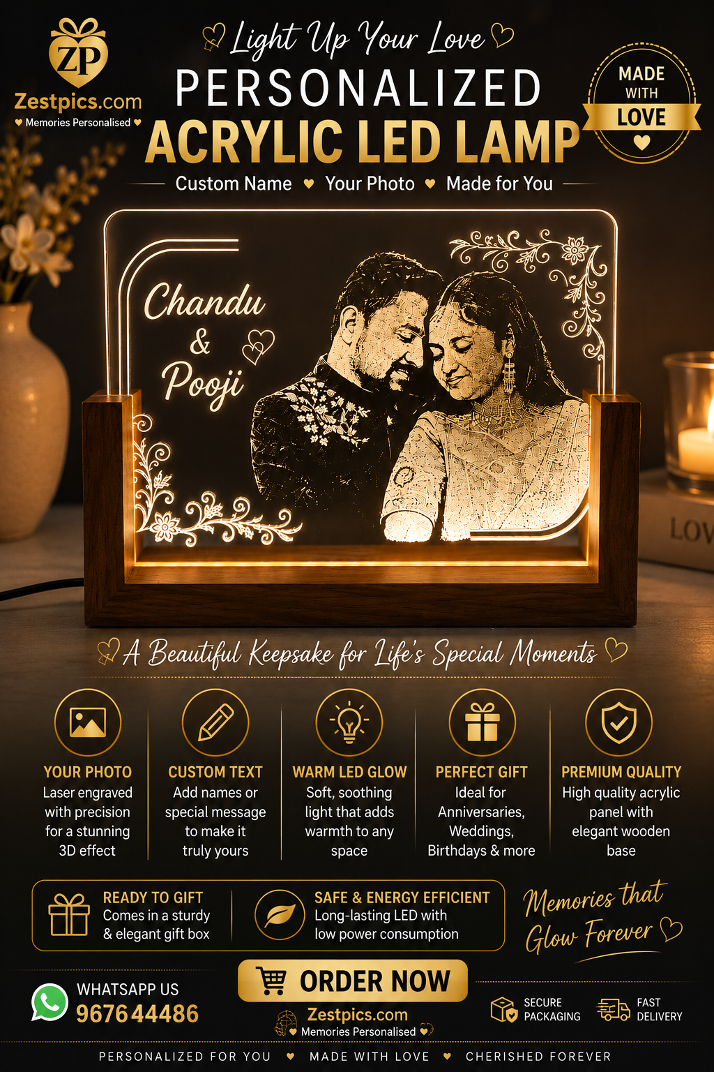 Personalized Acrylic LED Photo Lamp – Couple Name & Photo | Zestpics