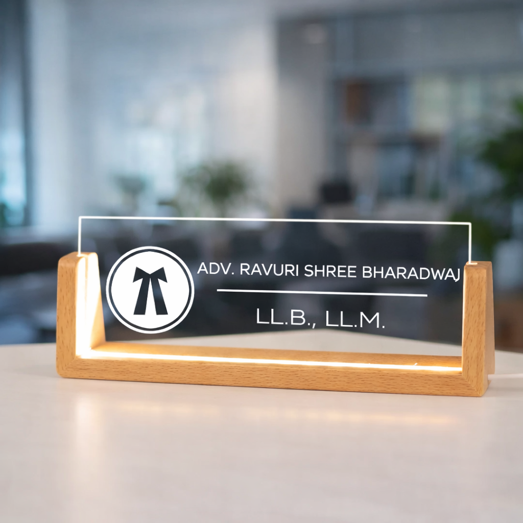 LED acrylic advocate name plate with wooden base | Zestpics