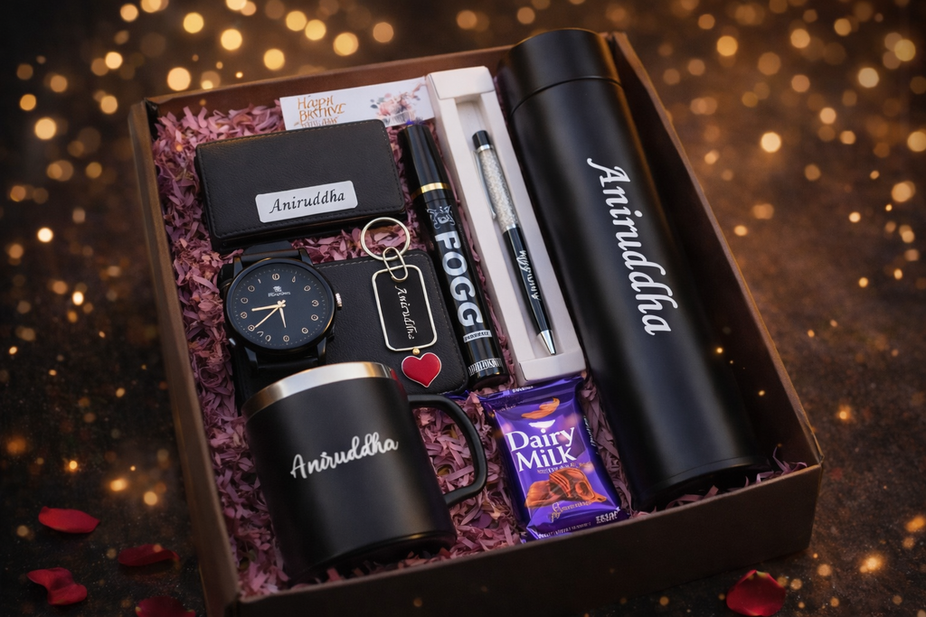Personalised birthday gift hamper for men with custom name items | Zestpics