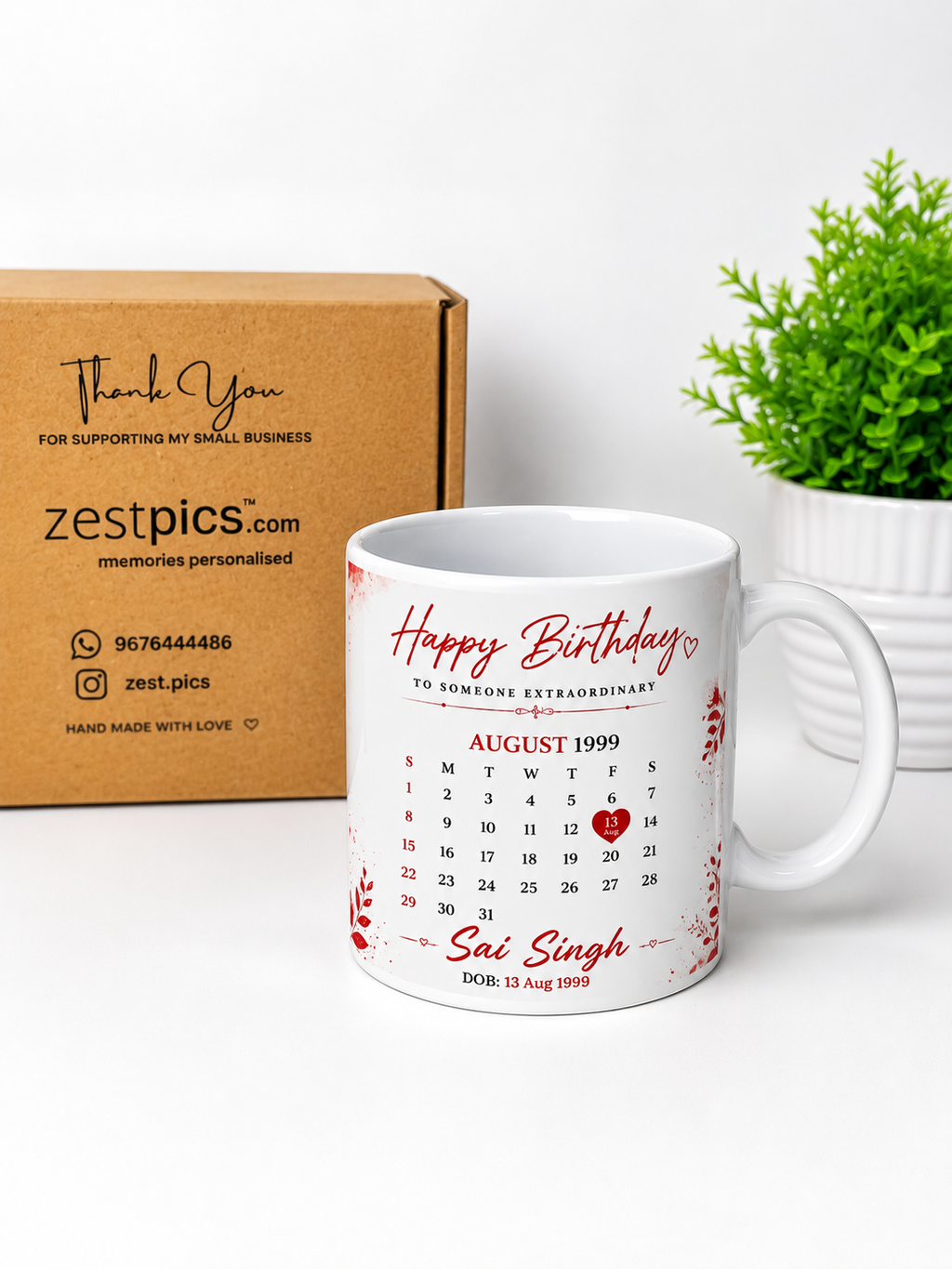 Personalised birthday photo mug with calendar and name | Zestpics
