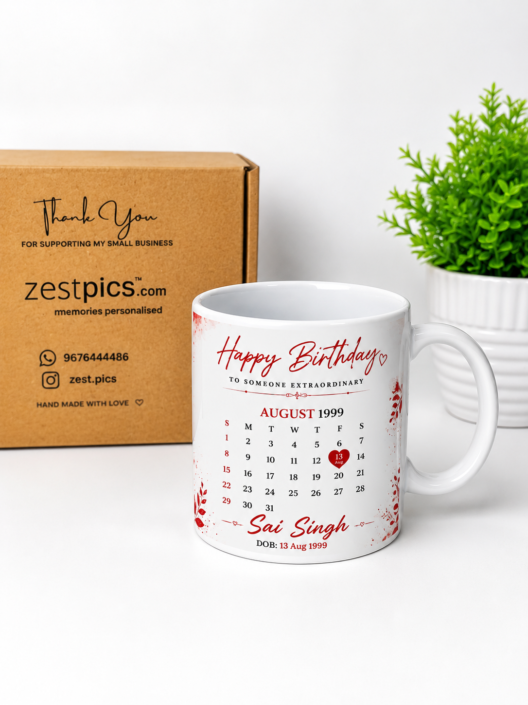 Personalised birthday photo mug with calendar and name | Zestpics
