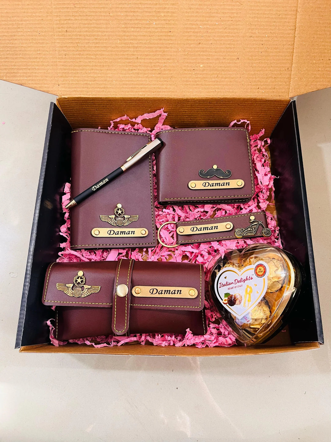 Personalized birthday gift set for men – wallet, passport cover & pen | Brown Color