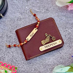 Personalized Men's Wallet with Rudraksha Rakhi – Custom Name Engraved Gift Combo for Brother