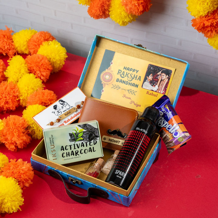 Celebrate Raksha Bandhan with this complete Rakhi Combo - personalized gifts, sweets, and festive elements.