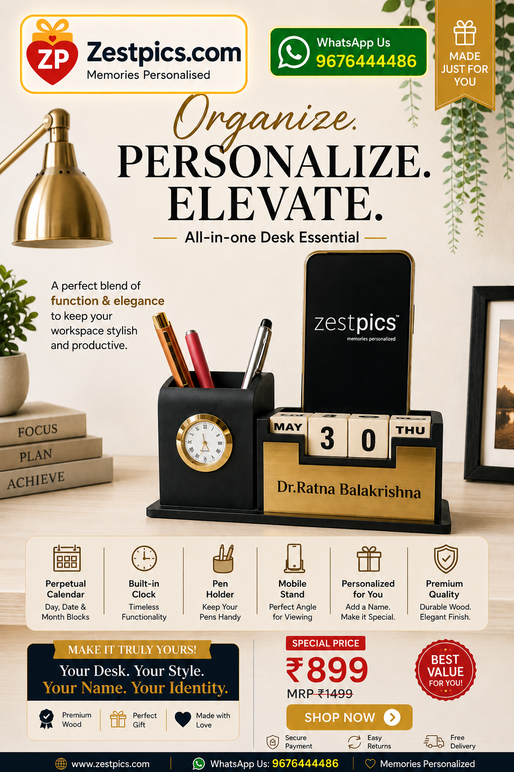 Personalized Wooden Tabletop Lifetime Calendar with Clock, Pen Holder & Mobile Stand| Zestpics