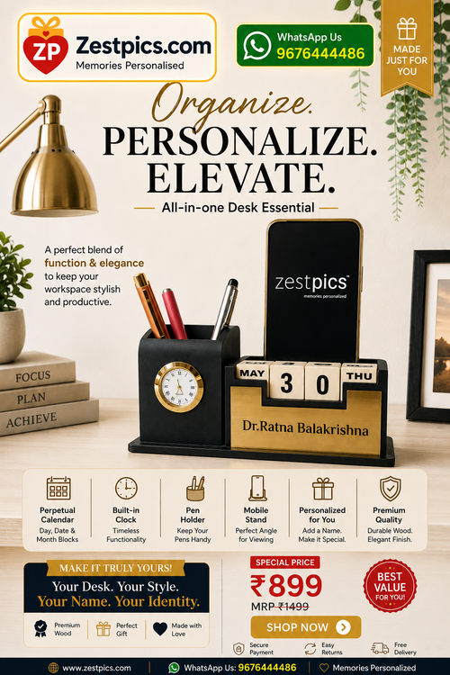 Personalized Wooden Tabletop Lifetime Calendar with Clock, Pen Holder & Mobile Stand| Zestpics