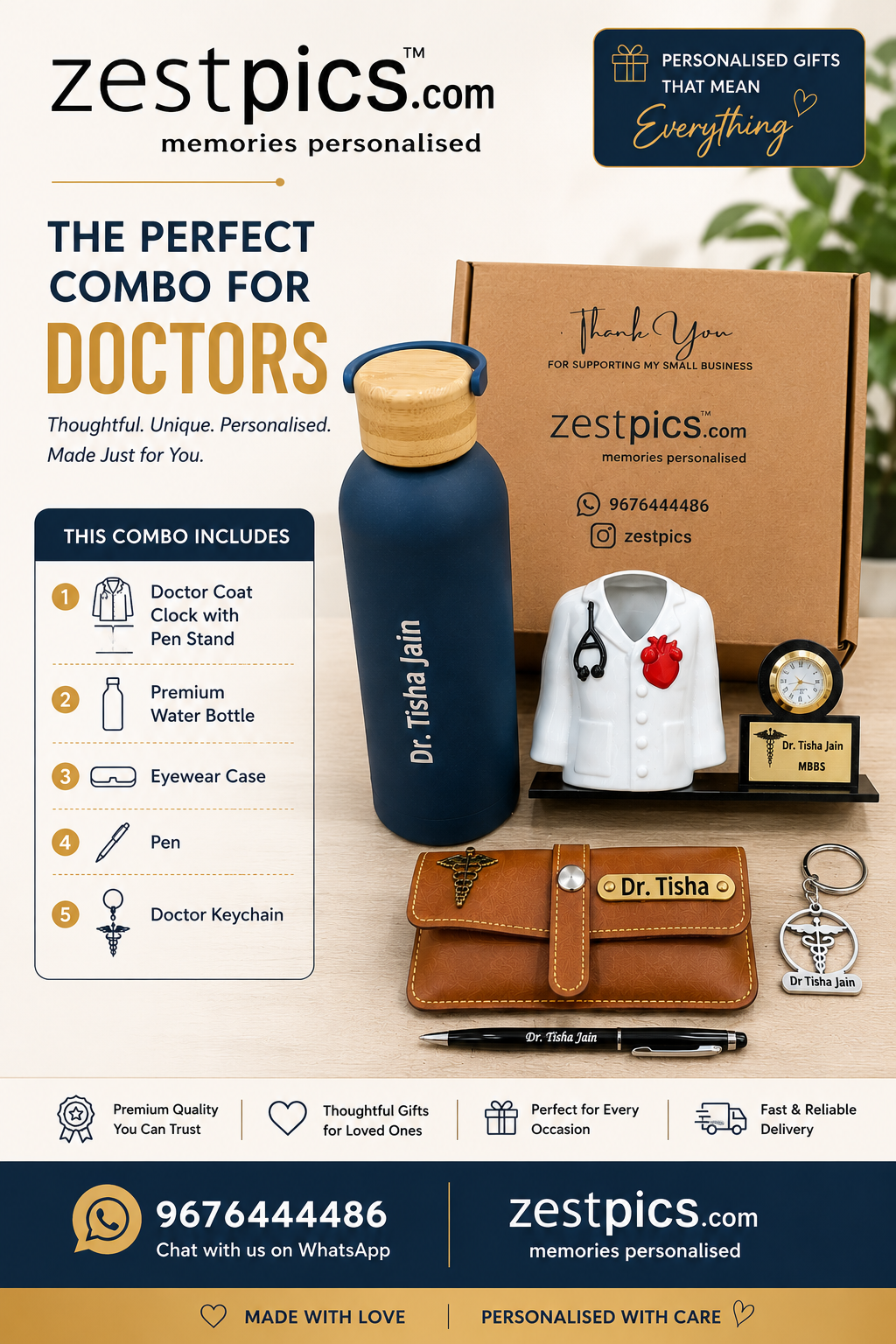 Premium Water Bottle, Eyewear Case, Personalized Pen and Doctor Keychain by Zestpics