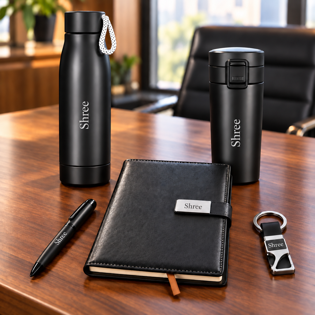 Corporate gift combo for employees and clients – name engraved bottle, mug, diary, pen and keychain in premium gift box