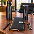 Corporate gift combo for employees and clients – name engraved bottle, mug, diary, pen and keychain in premium gift box