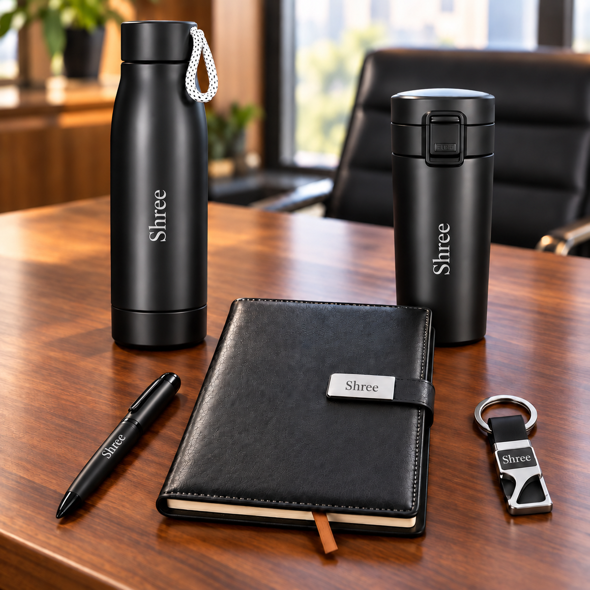 Corporate gift combo for employees and clients – name engraved bottle, mug, diary, pen and keychain in premium gift box