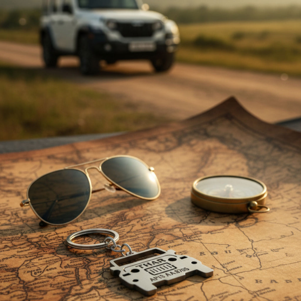 Sunglasses, compass, and keychain on an old map with a blurred vehicle in the background