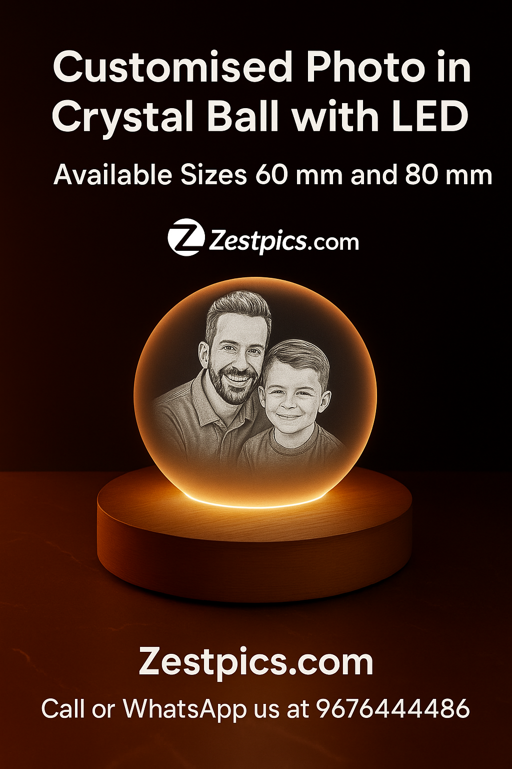 Laser engraved 3D photo crystal showing detailed portrait with LED glow – Zestpics