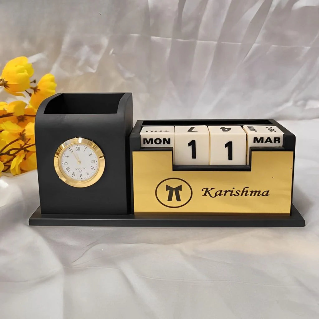 Table Top Calendar Clock Personalised Wooden Desk Calendar with Clock | Zestpics
