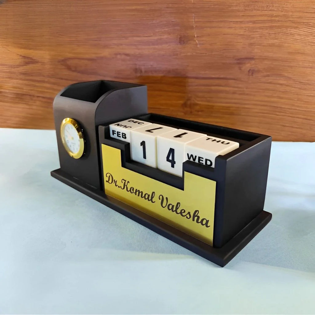 Table Top Calendar Clock Personalised Wooden Desk Calendar with Clock | Zestpics