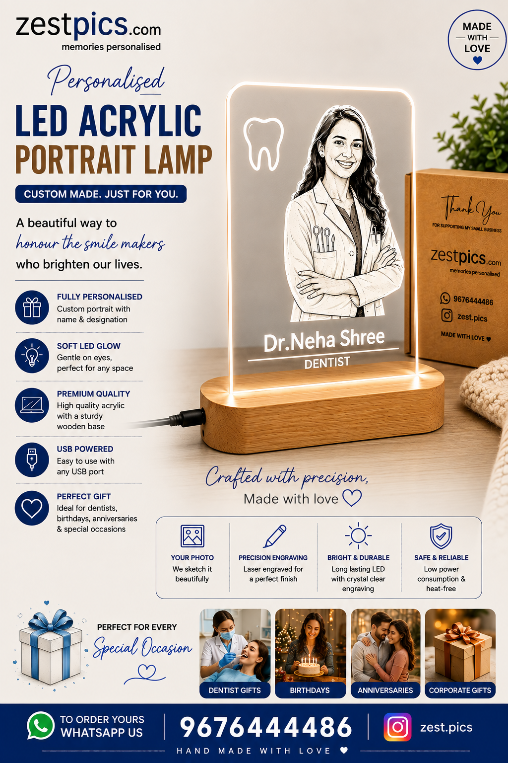 Personalised Dentist Gift | Custom LED Acrylic Portrait Lamp