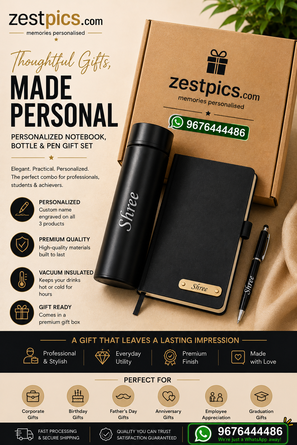 Personalized Executive Gift Combo with Custom Name Notebook, Bottle & Pen | Premium Corporate Gift | Zestpics