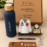 Personalized Doctor Gift Combo – Premium Water Bottle, Doctor Coat Clock Pen Stand, Eyewear Case, Pen & Doctor Keychain