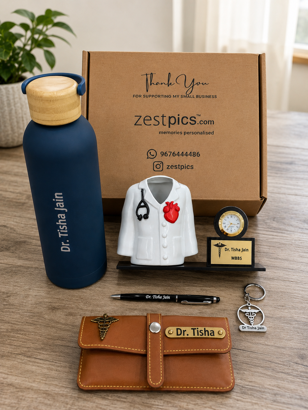 Personalized Doctor Gift Combo – Premium Water Bottle, Doctor Coat Clock Pen Stand, Eyewear Case, Pen & Doctor Keychain | Zestpics