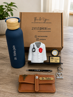 Personalized Doctor Gift Combo – Premium Water Bottle, Doctor Coat Clock Pen Stand, Eyewear Case, Pen & Doctor Keychain | Zestpics