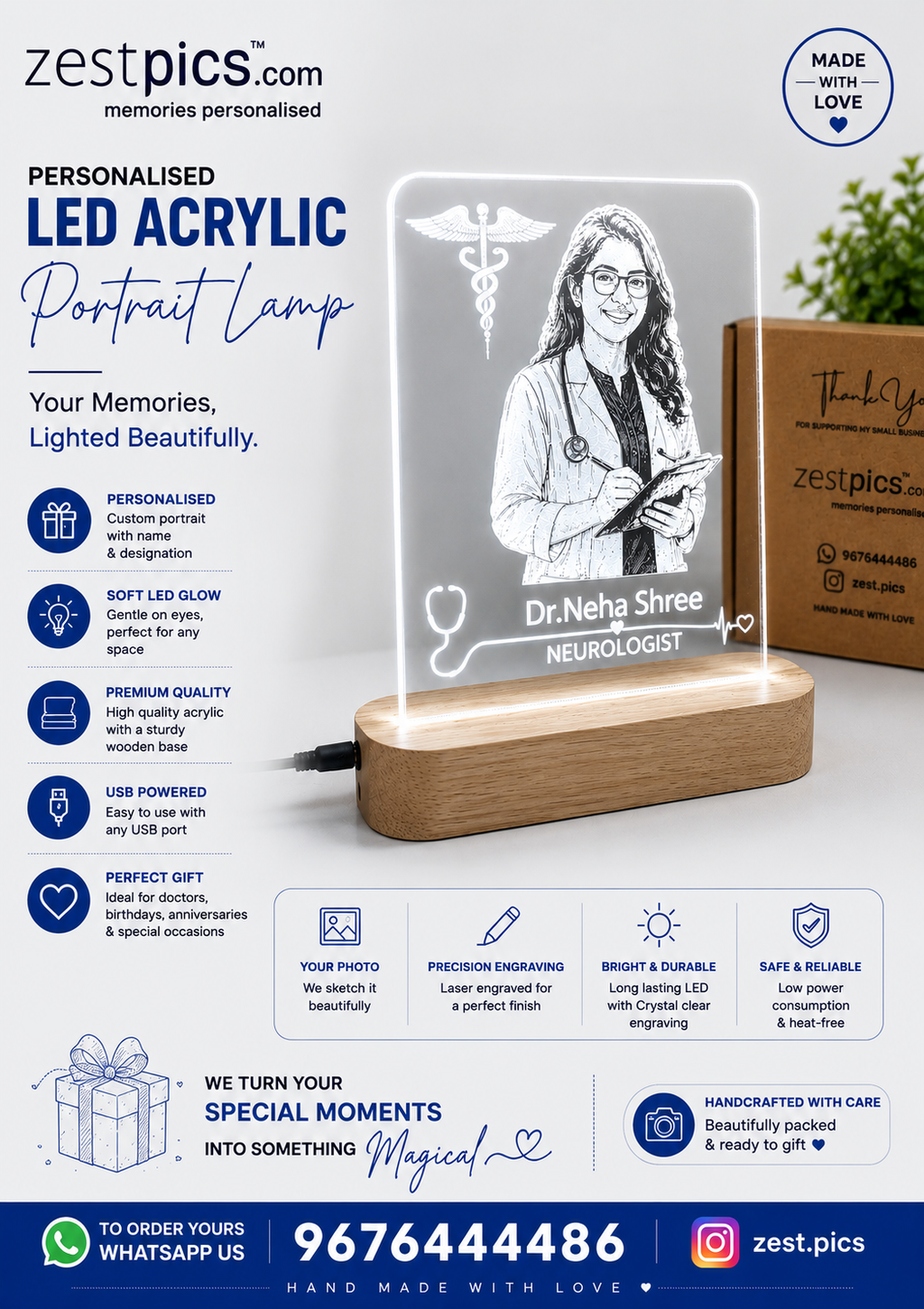 Custom Doctor Portrait LED Lamp Engraved Acrylic Gift for Neurologist Dr Neha Shree | Zestpics