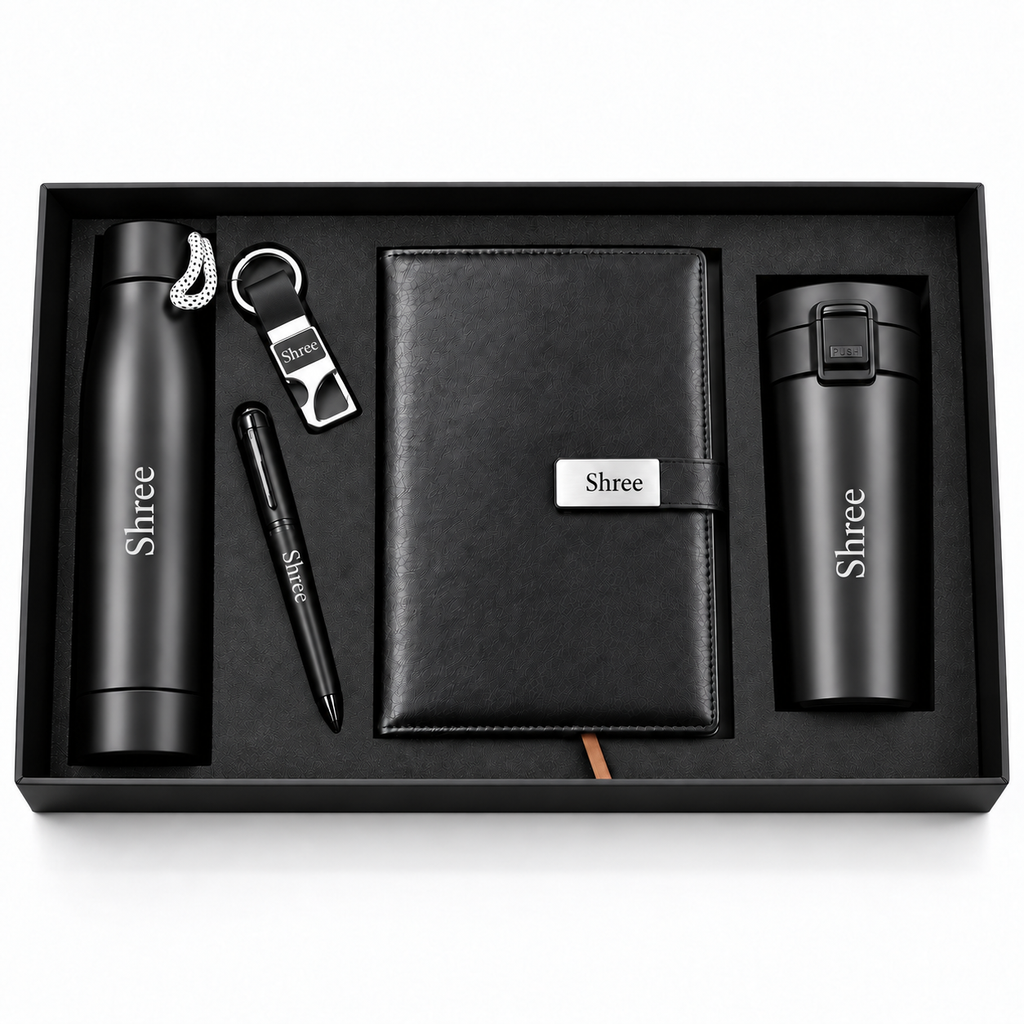 Employee welcome kit – personalised joining kit with engraved bottle, travel mug, diary, metal pen and keychain