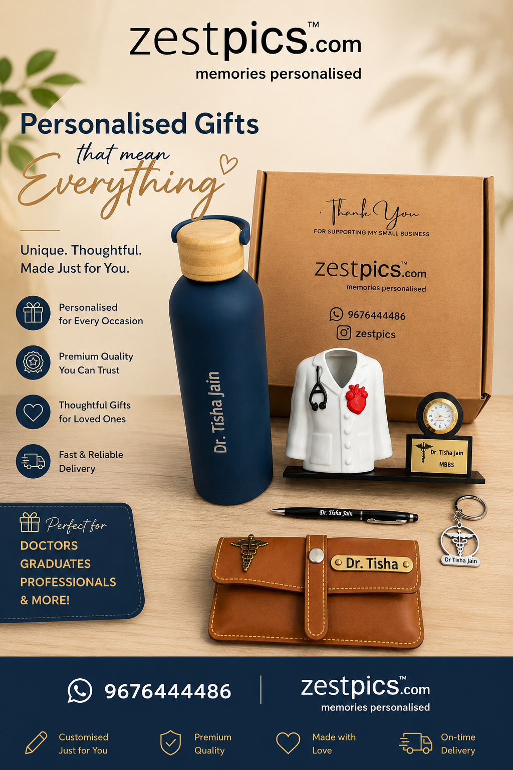 Personalized Doctor Gift Combo | Water Bottle, Clock Pen Stand & More | Zestpics