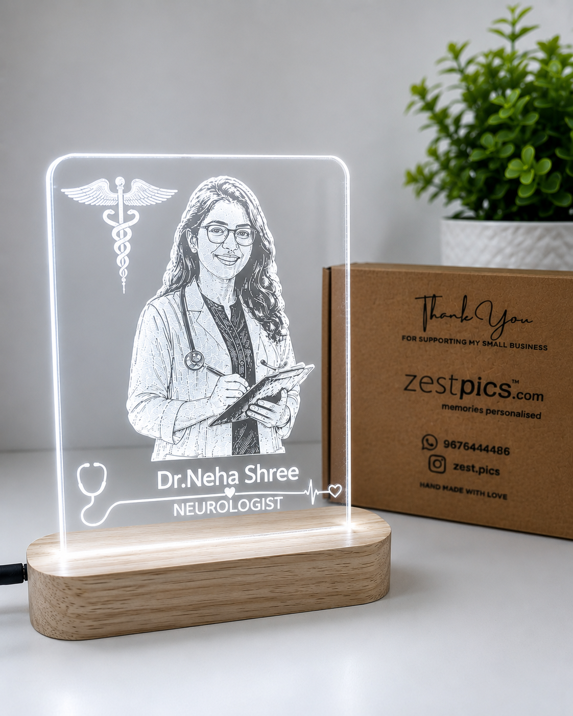 Personalized LED Acrylic Portrait Lamp for Doctors with Custom Photo Name and Specialization | Zestpics